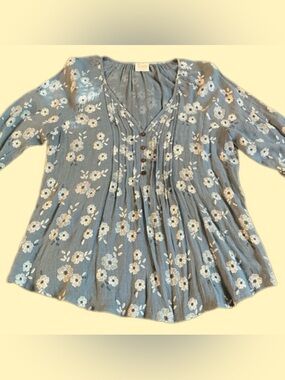 Blue & White Floral Summer Blouse, Petite XL, Siren Lily, Boho